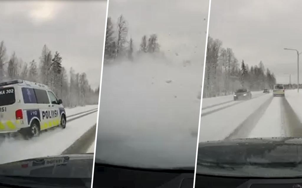 Video: Vaaratilanne Viitostiellä - Poliisi ohitti liukkaalla tiellä: 
