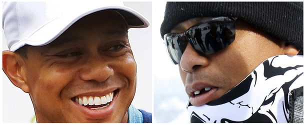 Jälkeen ja ennen: vasemmalla Tiger Woods 27. tammikuuta Phoenixissa ja oikealla Tiger Woods 19. tammikuuta Italian Cortina d'Ampezzossa.