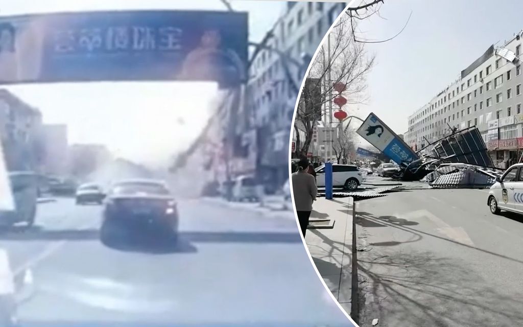 Hurja video: Mainostaulut romahtivat talon katolta Kiinassa – Useita autoja jäi alle
