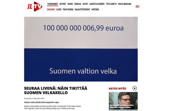 Valtion velkaa mittaava kello rikkoi 100 miljardin rajan