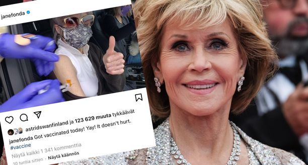 Jane Fonda puhuu sosiaalisessa mediassa koronarokotteen puolesta.